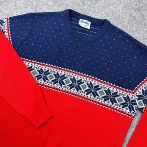 VTG Meister Sweater Women Large Red Blue Wool Blend Ski Fair Isle Nordic Holiday